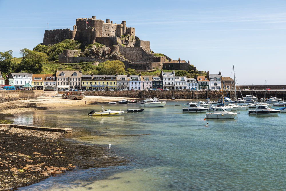 Mont Orgueil Castle and the harbour at Gorey in Jersey