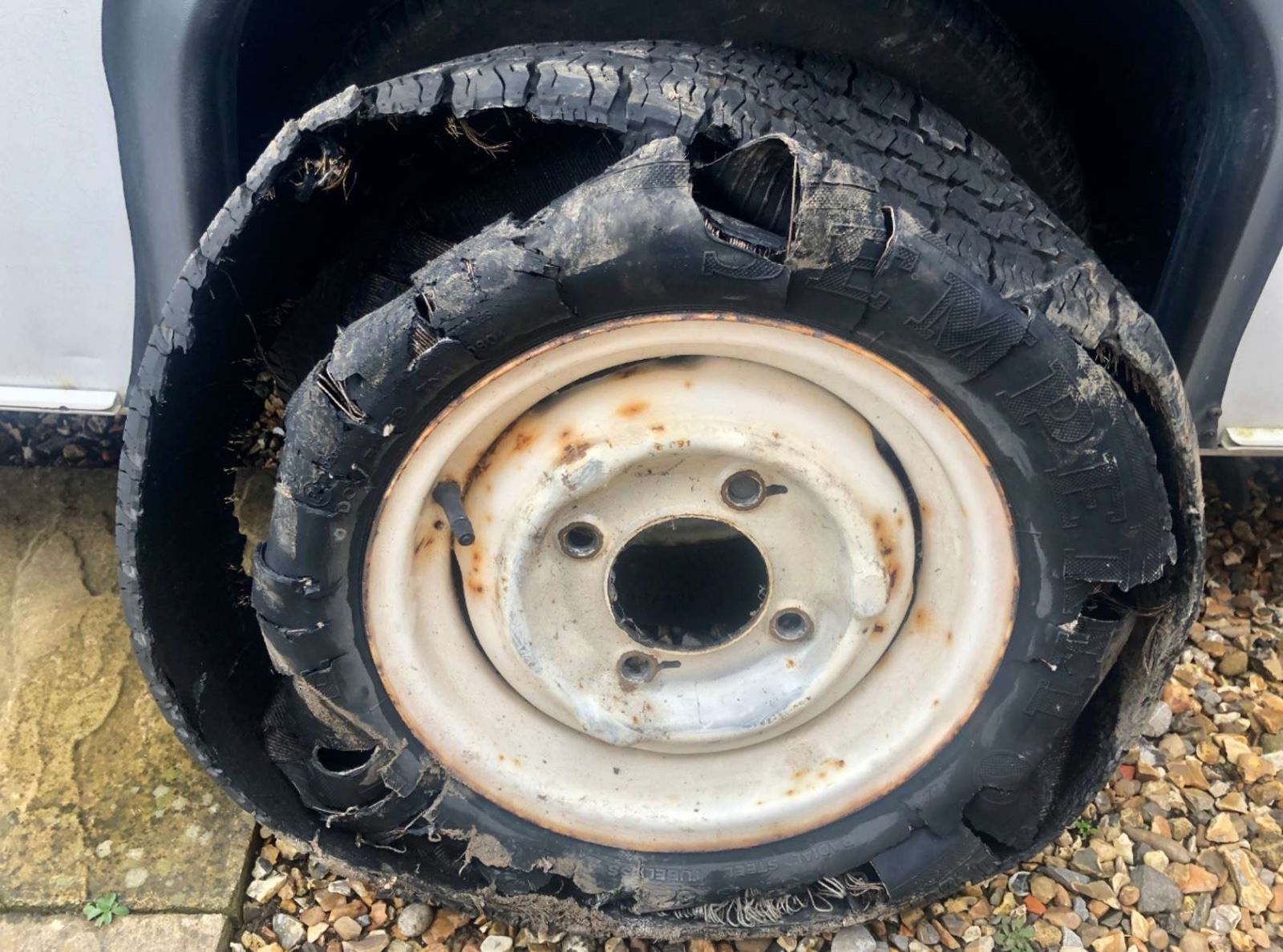 A destroyed tyre