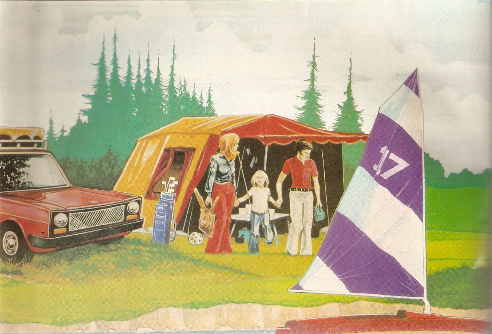 A drawing showing a family on a camping trip