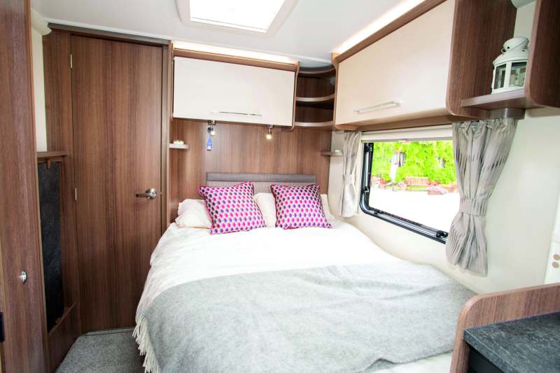 Bed aligned along the edge of the caravan