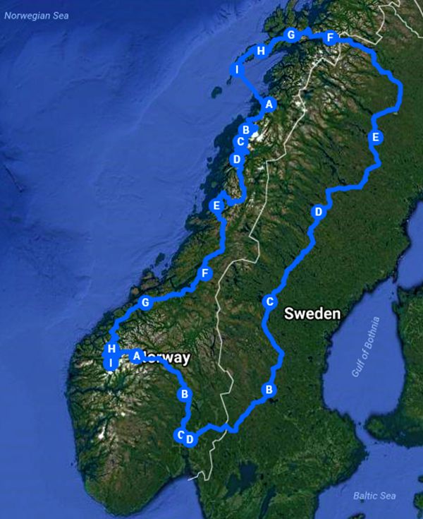 Ken and Pam's route through Norway and Sweden