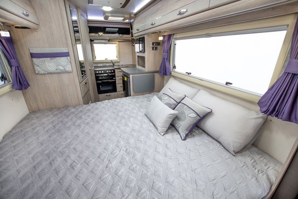 The transverse double bed in the Auto Sleepers Bourton motorhome