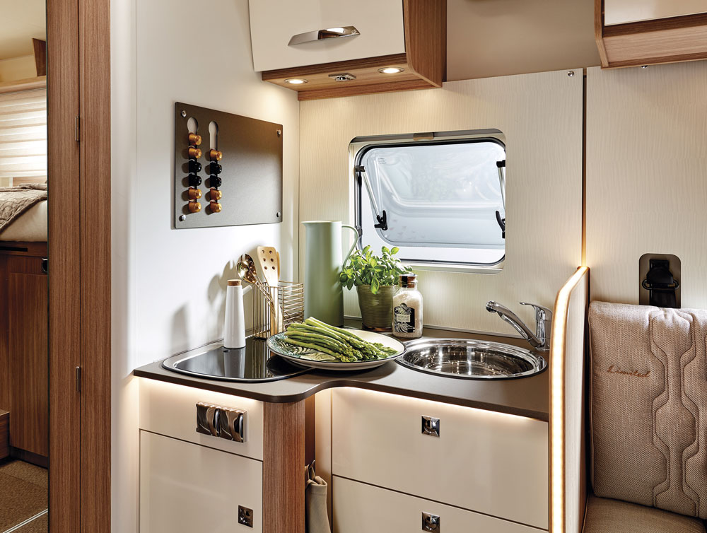 The kitchen in the Burstner Lyseo Time Limited T 727 G motorhome