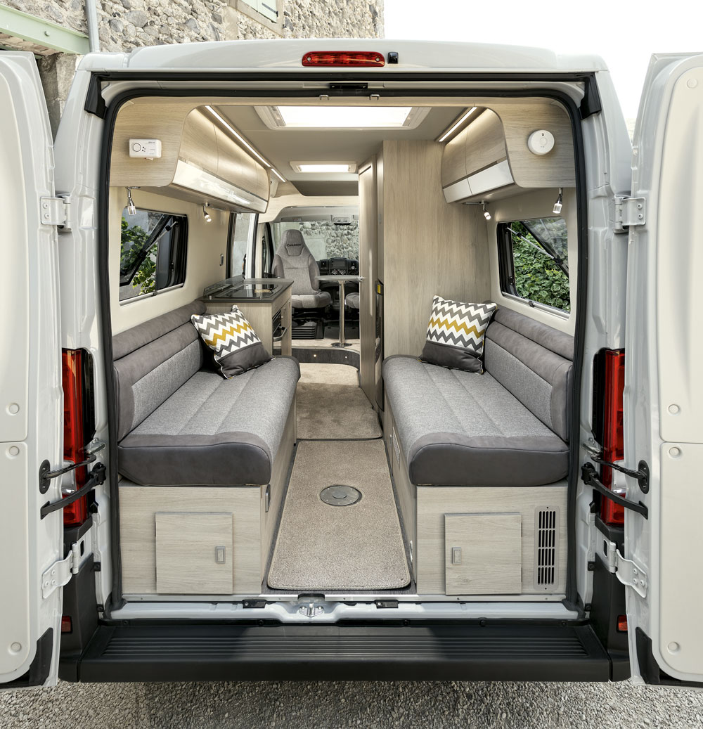 The rear of the Chausson V 594 33 Line campervan, doors open