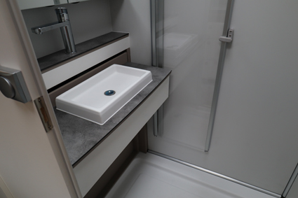Frankia's new washroom seen here in the M-Line Neo with the basin slid out for use