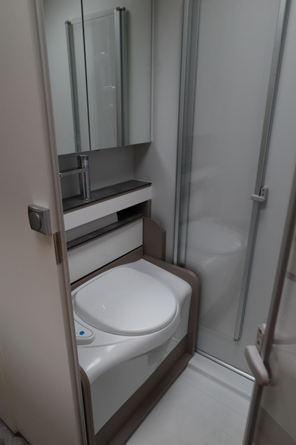 Frankia new motorhome washroom seen in the M-Line Neo - with the toilet slid out for use