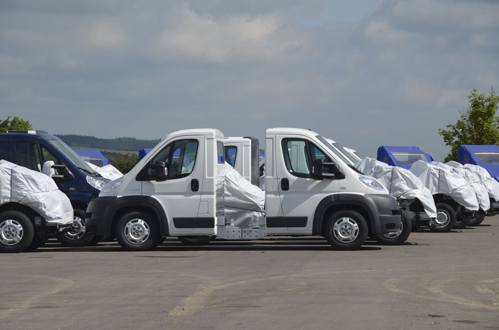 Fiat Ducato cab and cowl units awaiting fitting of an Al-Ko chassis as part of a multi-stage motorhome build