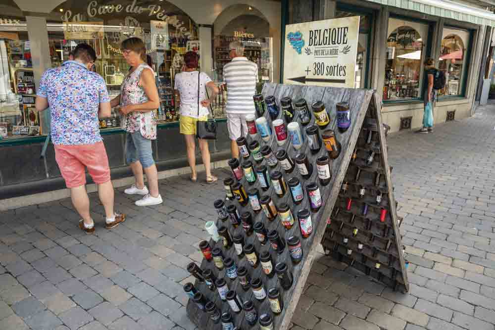Image of a selection of beer outside a shop in Belgium