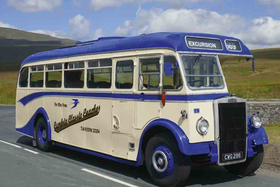 Image of a colourful vintage bus in the Yorkshire Dales