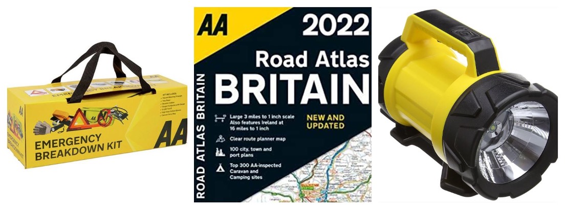 AA emergency breakdown kit, road atlas and torch