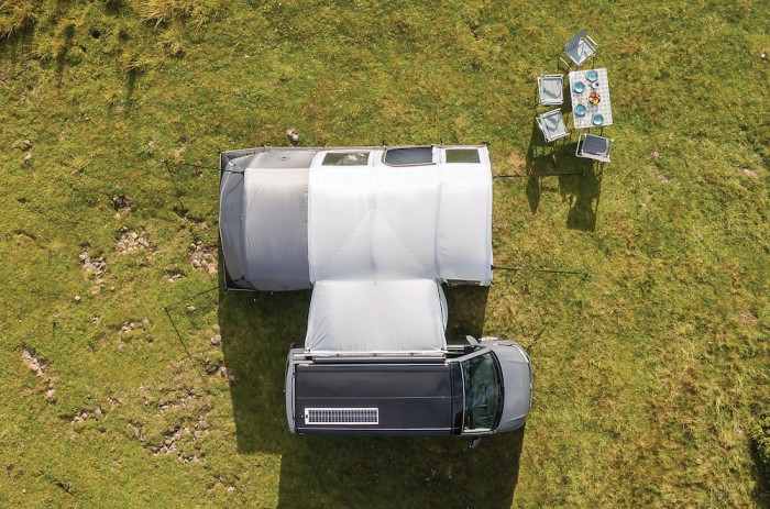 An aerial view of a Coleman campervan awning