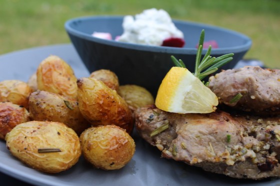 Greek lamb steaks with rosemary roasted potatoes