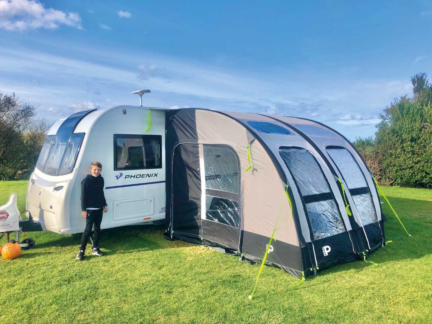 A pitched caravan awning