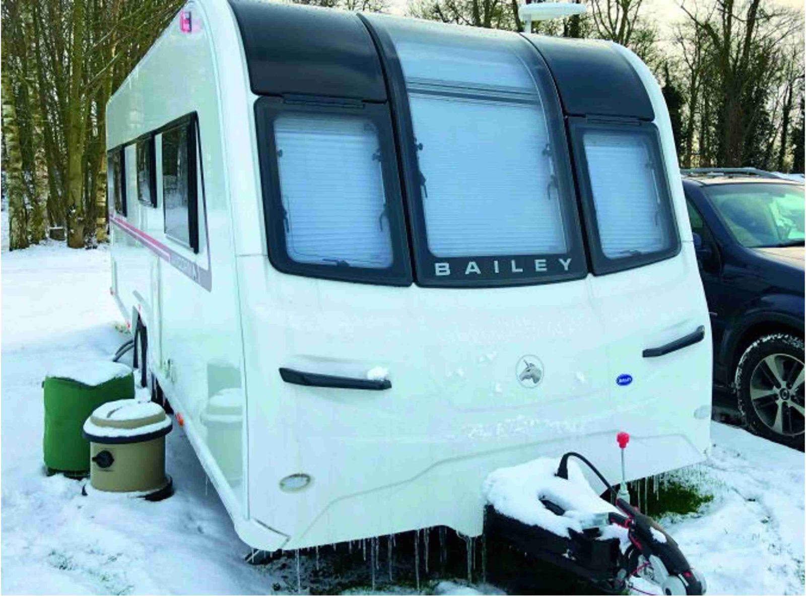 A Bailey caravan in the snow