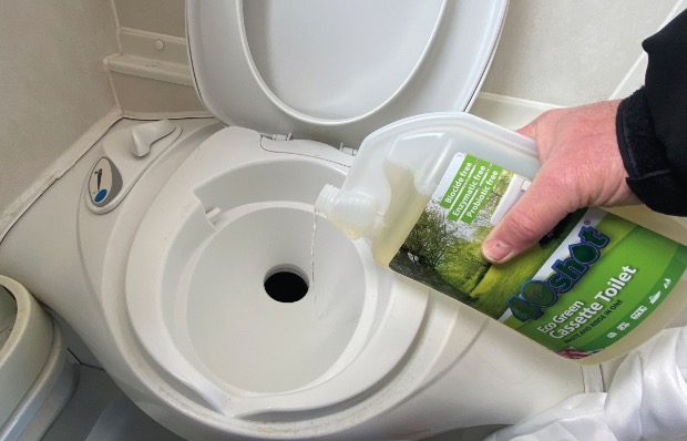 Cleaning a cassette toilet using Eco Green toilet cleaner