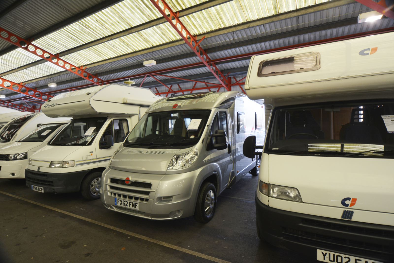 Used motorhomes in a showroom
