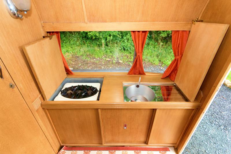 The kitchen in the restored Holgate caravan