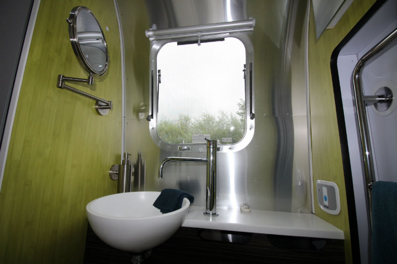 Airstream pitched up with the sunshade up Sunshade on the airstream