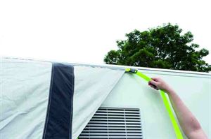 The awning has clips at each end for guy lines and helping to attach it