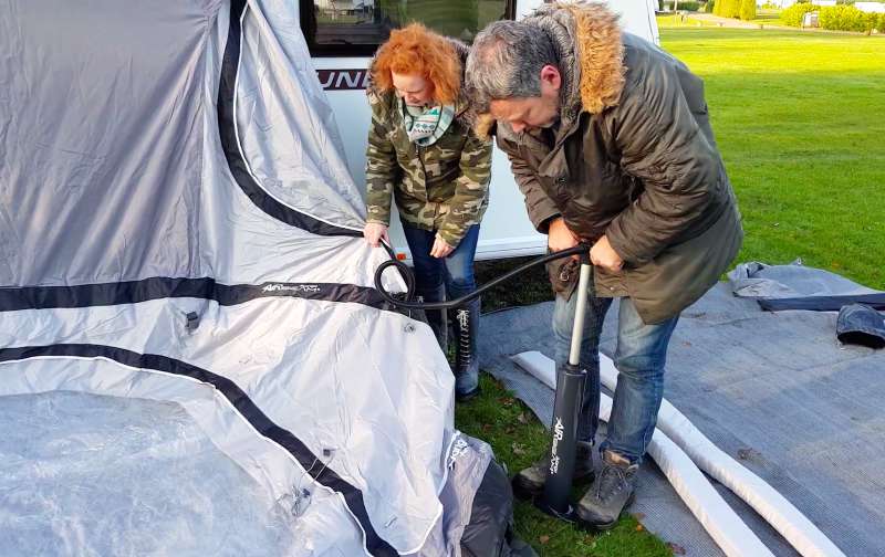 Pumping up the Vango air awning