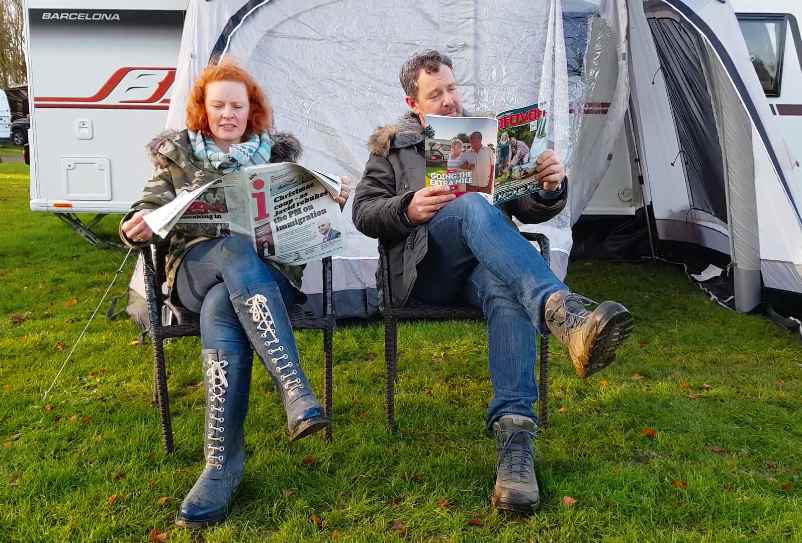 Sitting outside the caravan awning