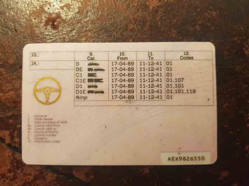 Image of a driving licence showing Category C1 and C1E