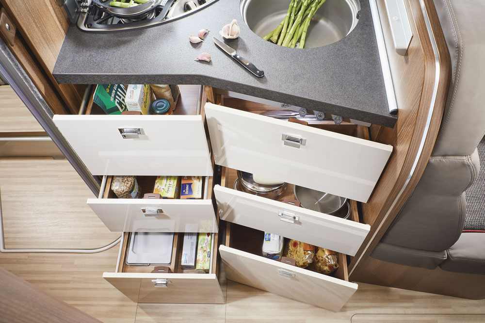 Drawers in the kitchen of the Carthago C-compactline 144 QB motorhome