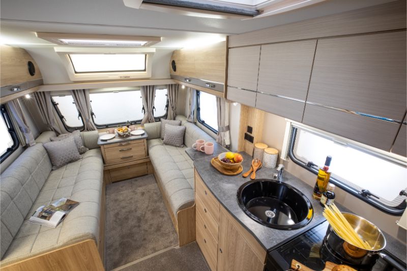The lounge in the Elddis Avante 868 caravan