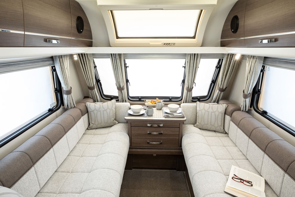 The lounge in the Elddis Affinity 520 caravan