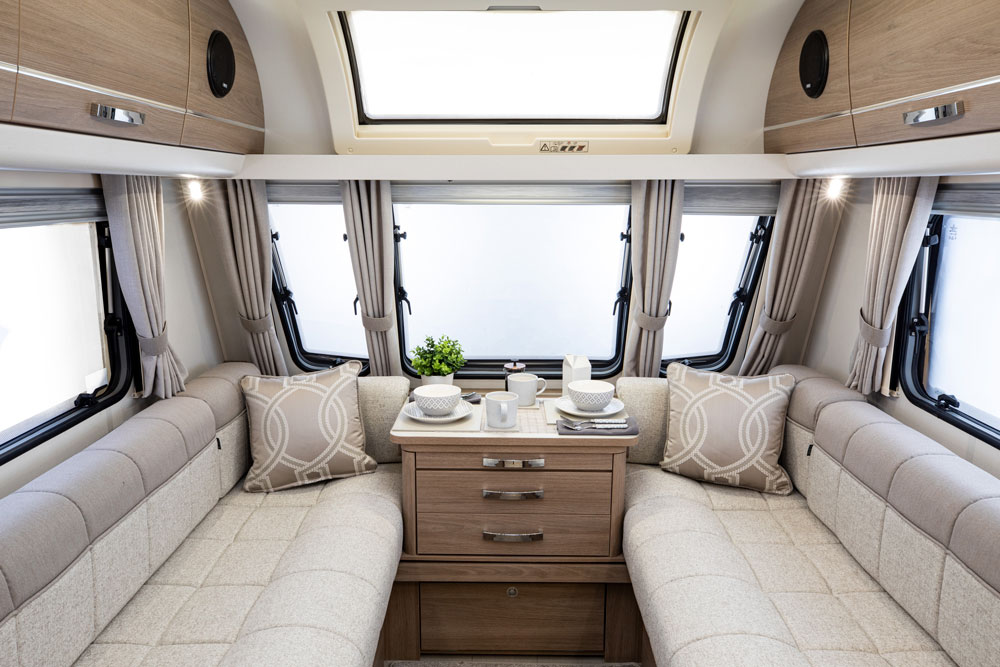 The lounge in the Compass Capiro caravan