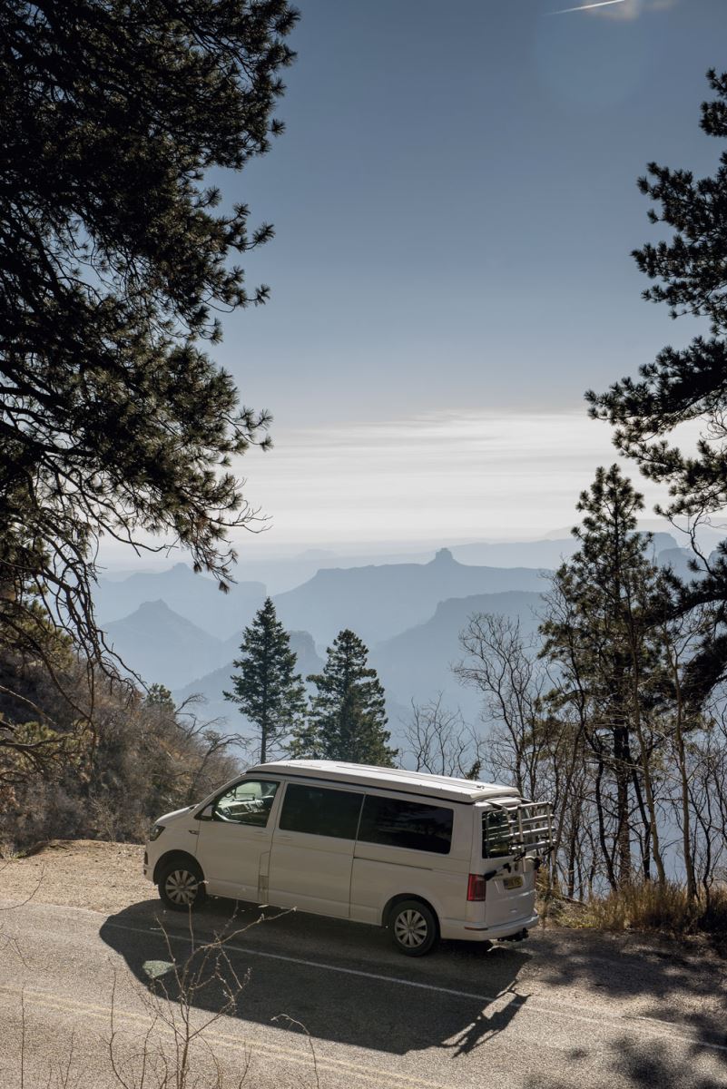 Campervan on the road to Point Imperial, North Rim, Grand Canyon