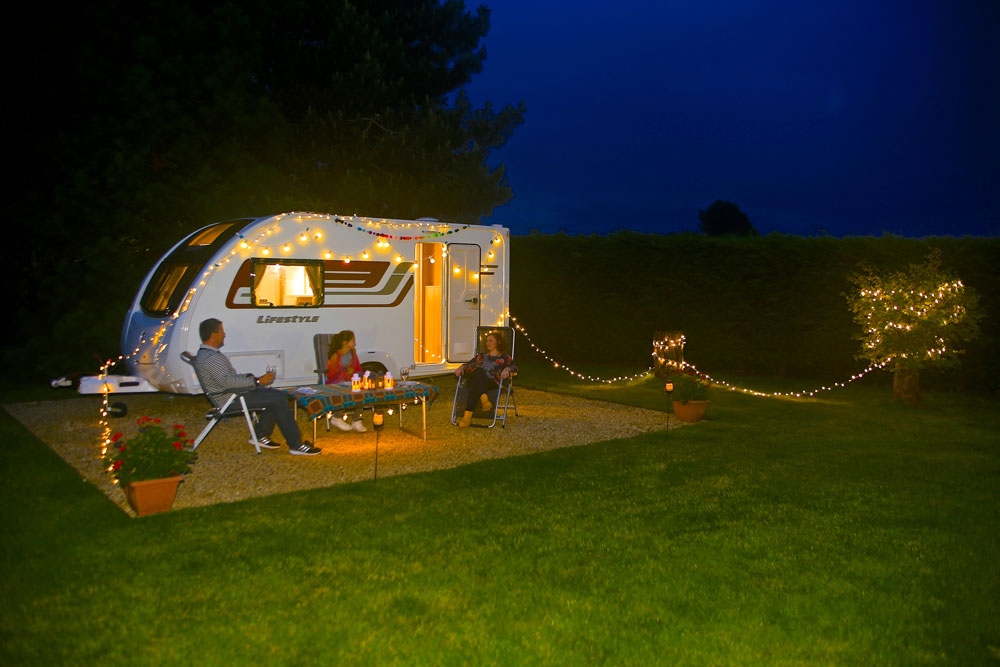 Outdoor lights around a caravan