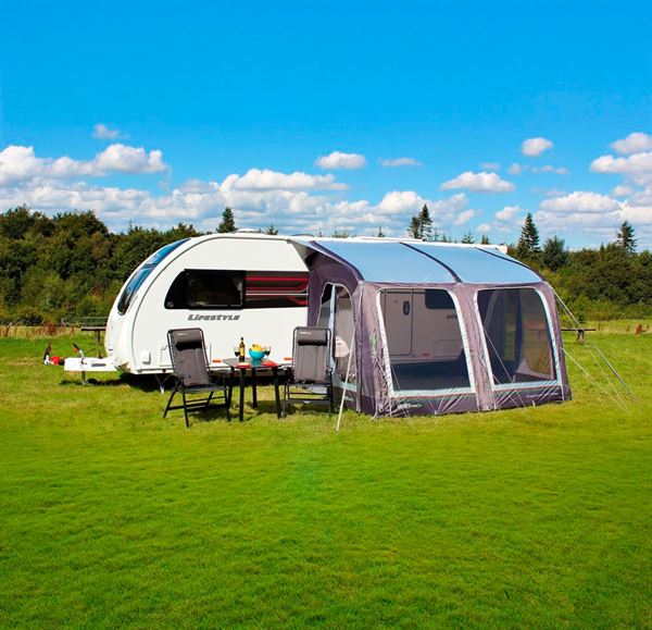 An awning for use with a caravan