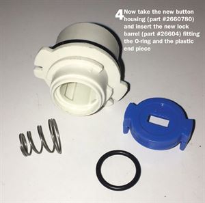 Motorhome Door Lock DIY 4: Now take the new button housing (part #2660780) and insert the new lock barrel (part #26604) fitting the O-ring and the plastic end piece