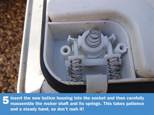 Motorhome Door Lock DIY 5: Insert the new button housing into the socket and then carefully reassemble the rocker shaft and its springs. This takes patience and a steady hand, so don’t rush it!