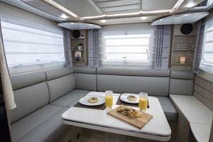 The rear lounge in the Mobilvetta K-Yacht 80 A-class motorhome The rear lounge in the Mobilvetta K-Yacht 80 A-class motorhome