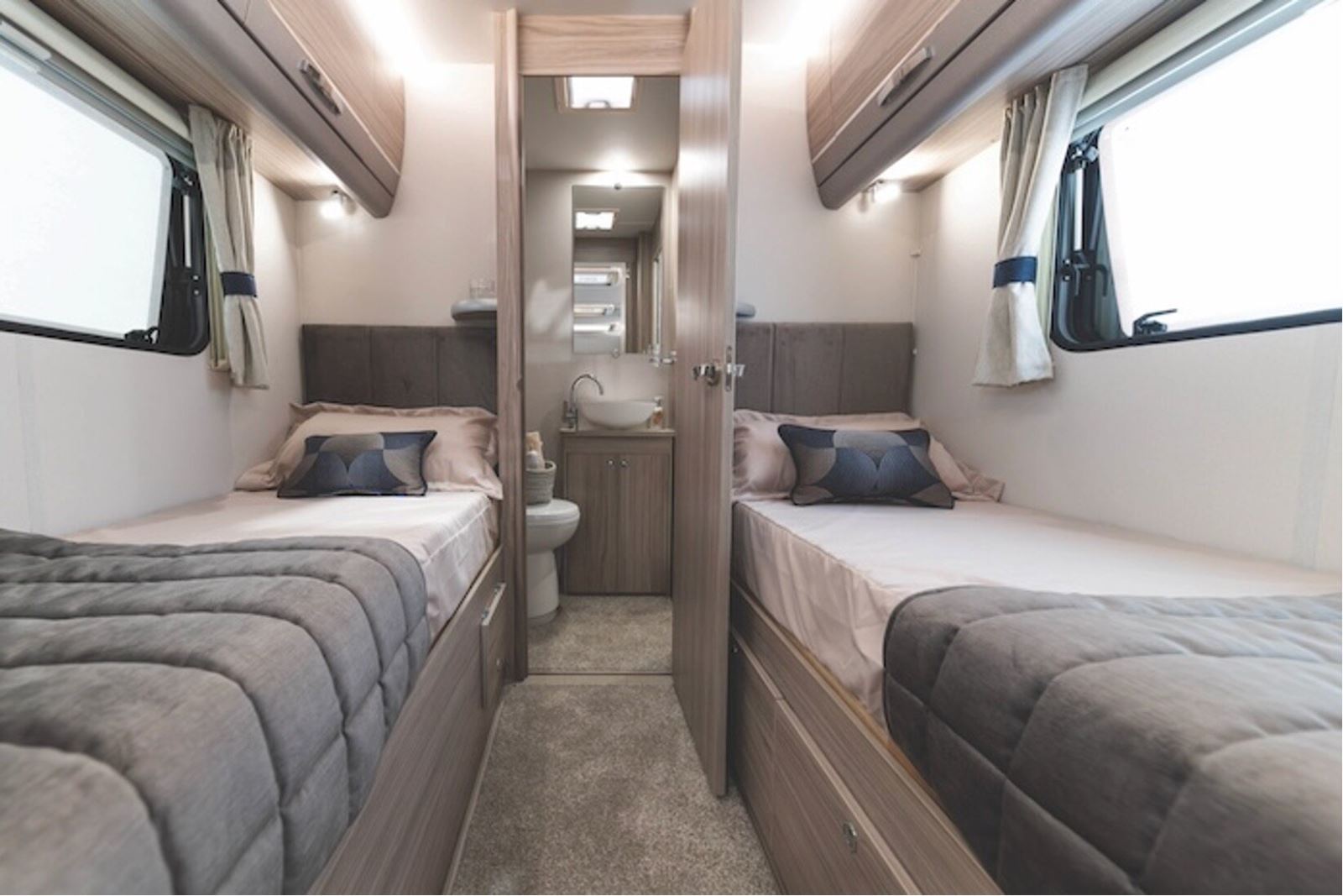 A more unusual (low) single bed derivative with the washroom across the back of the ’van Inside the Elddis Autoquest 185