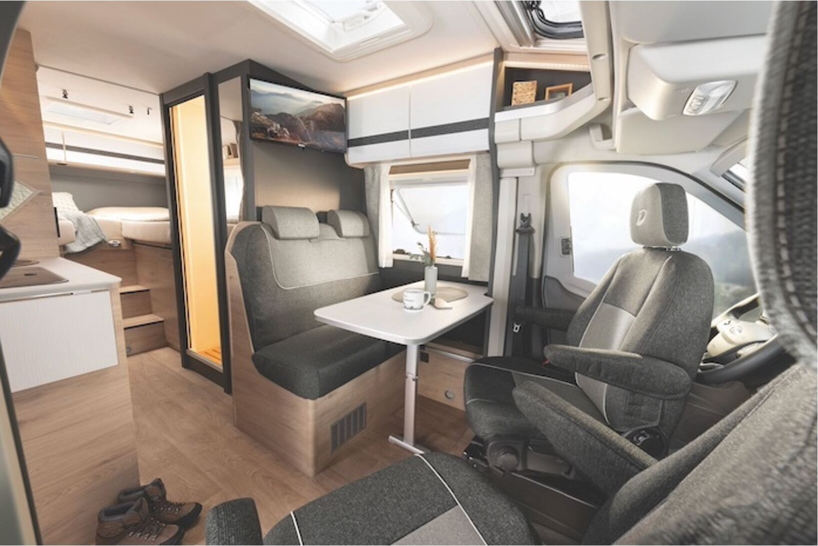 Some fixed single bed models, such as this Dethleffs Globebus Go, are surprisingly compact
Inside the Dethleffs Globebus Go T45