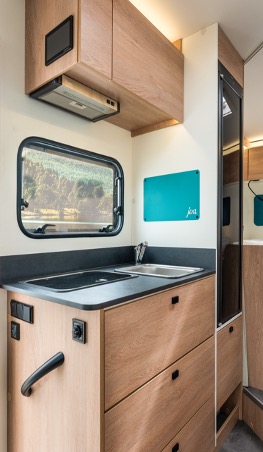 Kitchens get an oven as an option The kitchen onboard the Joa Camp camper