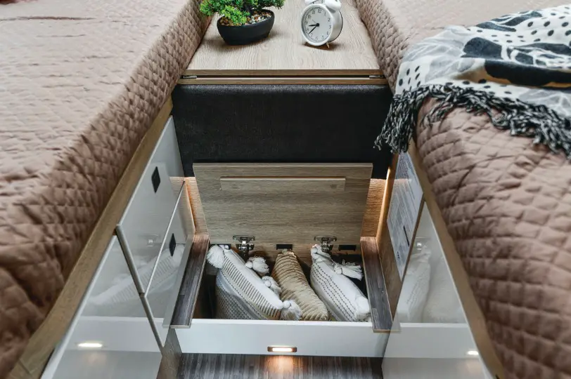 The bedroom storage space inside the Kea 86 Tekno Line