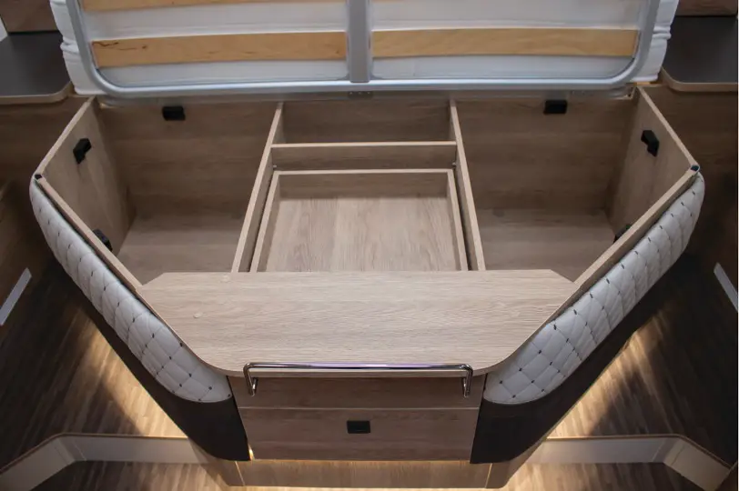 The bedroom storage inside the Kea 90 Tekno Line