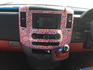 The bespoke decor feature red, white and blue detailing