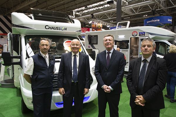 L to R – Shane Catterick (Sales Manager) and Tony Chamberlain (owner), TC Motorhomes, then Jeff Kenrick (Commercial Director UK) and Pascal Lidome (Export Sales Manager) from Chausson