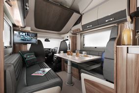 The Swift Kon-tiki Dynamic 675 Lounge has an L-shaped soaf but only belted seats for four 