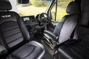 The cab, with leather upholstery