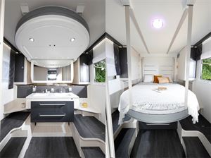 The latest innovation, a drop-down island bed with washbasins below
