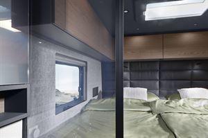 A glass wall divides the bedroom and washroom in the new Niesmann Flair (photo courtesy of Niesmann+Bischoff)
