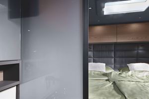An option allows this glass wall to become opaque at the touch of a button on the new 2023 Niesmann Flair (photo courtesy of Niesmann+Bischoff)