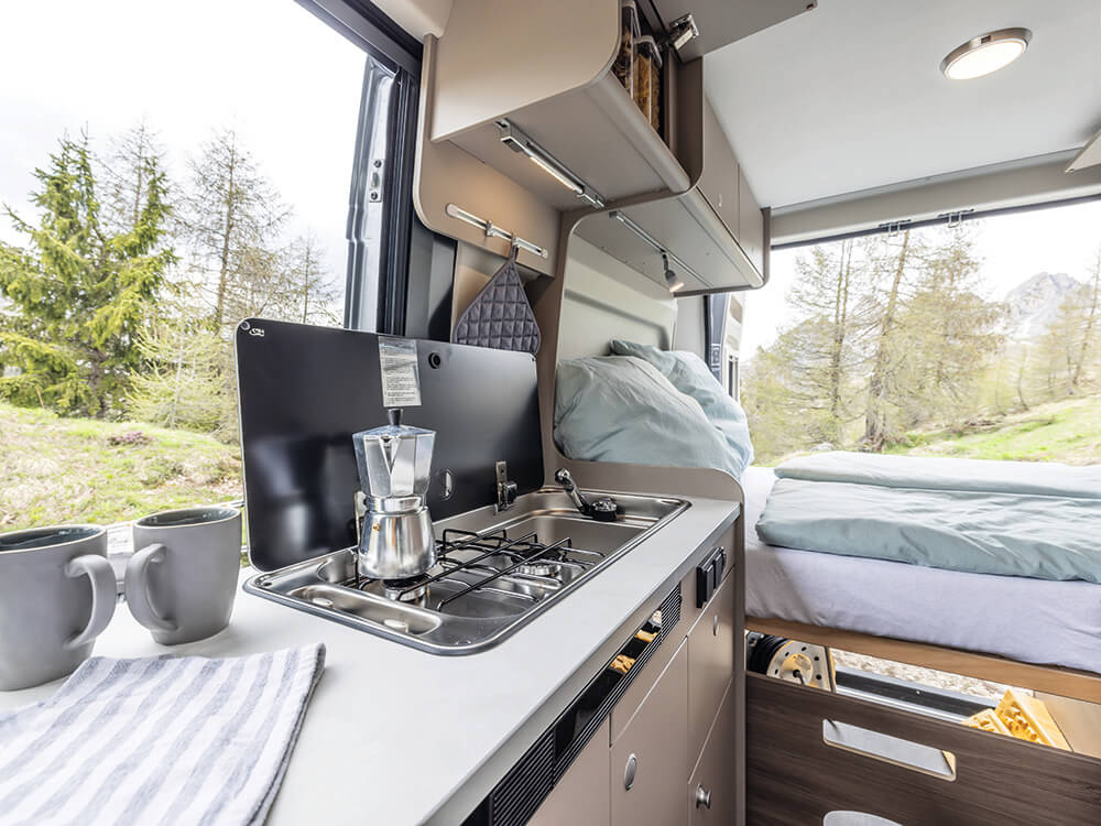 The bedroom inside the Carado CV540 Pro