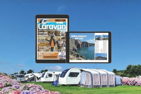 image of a caravan campsite with an overlay of the caravan magazine on digital screens